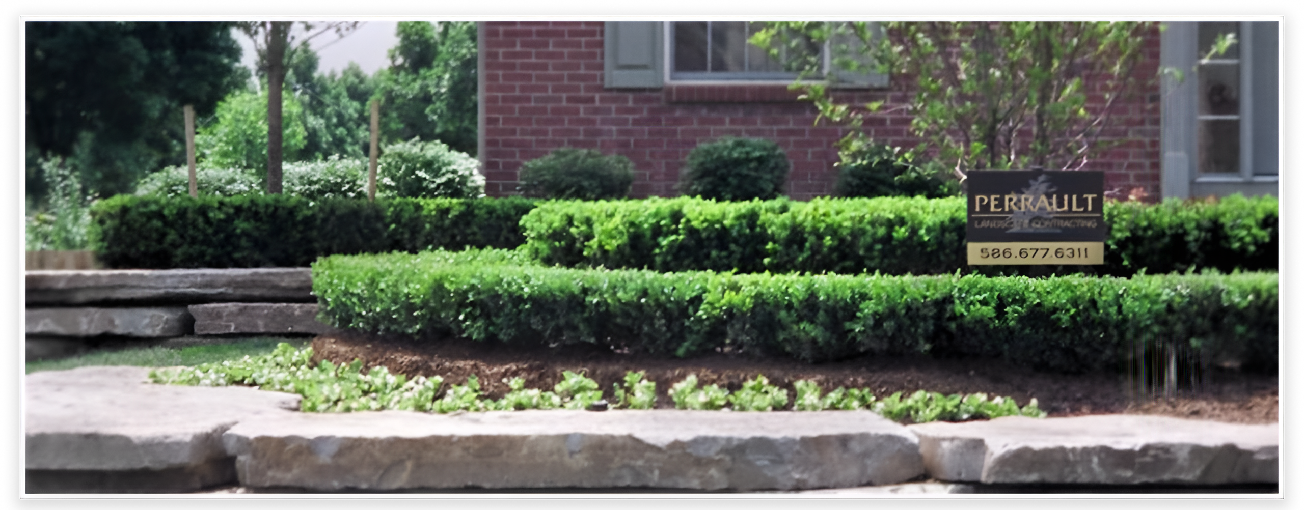 Front yard with greenery and sign