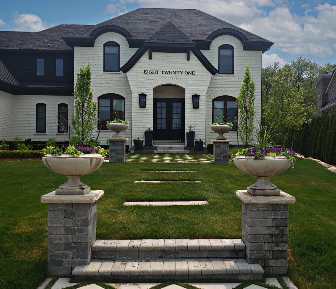 Elegant mansion with stone pathway